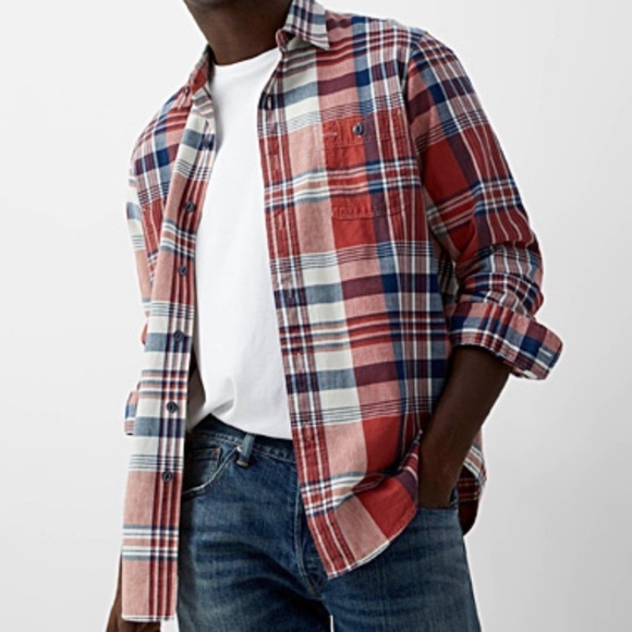 Old Navy Men’s Button down shirt Red Navy Plaid Skater men/unisex L - Picture 1 of 5